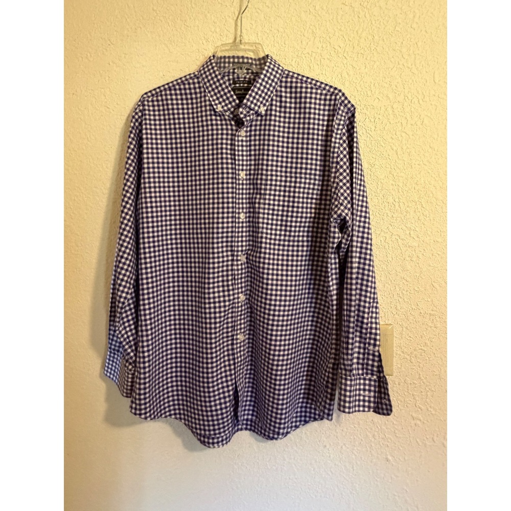 Neiman Marcus Mens Trim Fit Gingham Button Down‎ Shirt Purple White 16.5 32/33